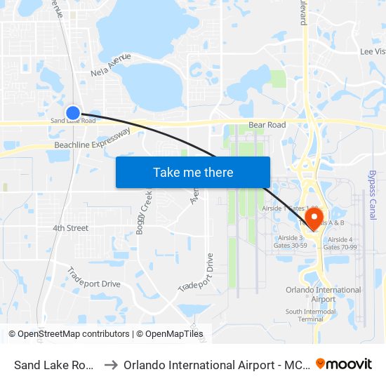 Sand Lake Road to Orlando International Airport - MCO map