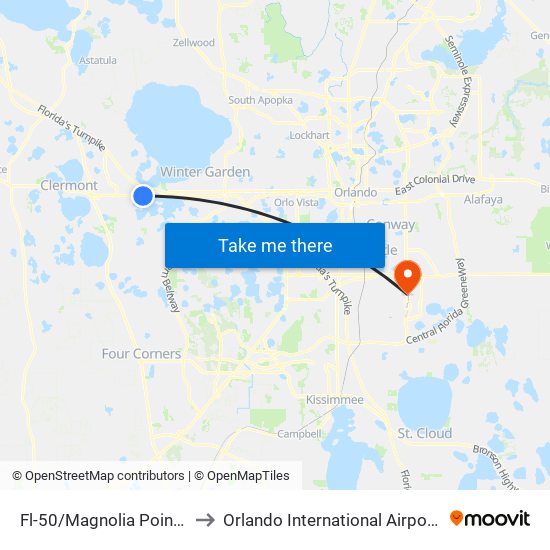 Fl-50/Magnolia Pointe Blvd to Orlando International Airport - MCO map