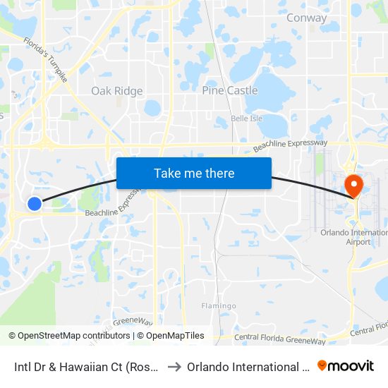 Intl Dr & Hawaiian Ct (Rosen Centre Hotel) to Orlando International Airport - MCO map