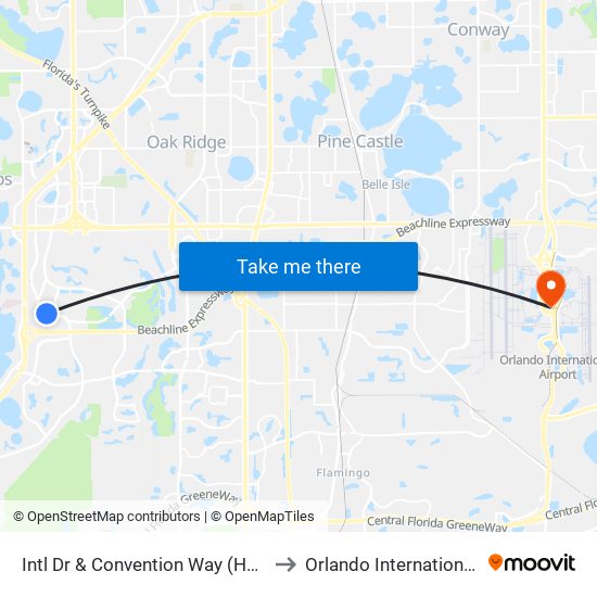 Intl Dr & Convention Way (Hyatt Regency Orlando) to Orlando International Airport - MCO map