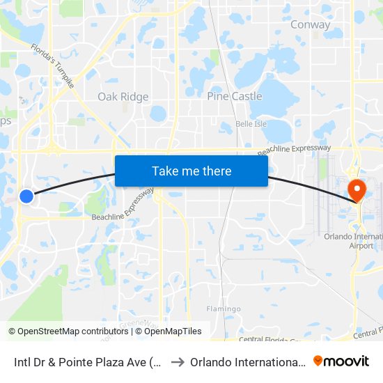 Intl Dr & Pointe Plaza Ave (Rosen Plaza Hotel) to Orlando International Airport - MCO map