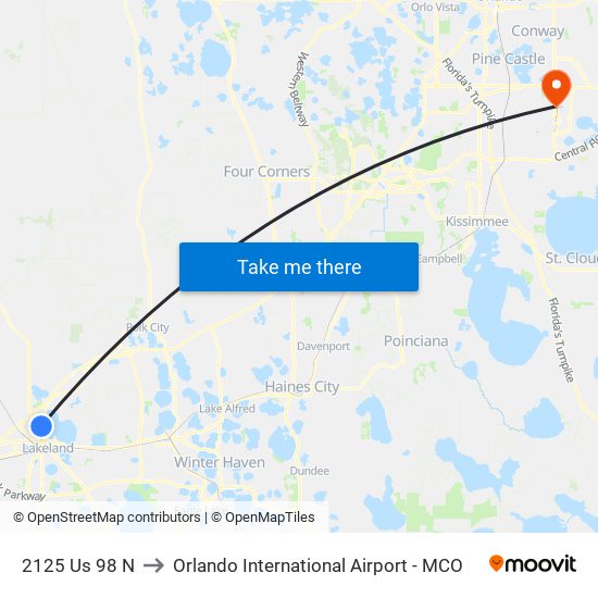 2125 Us 98 N to Orlando International Airport - MCO map