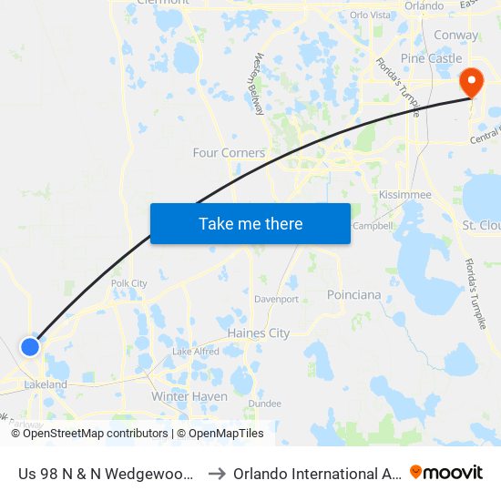 Us 98 N & N Wedgewood Estates Blvd to Orlando International Airport - MCO map