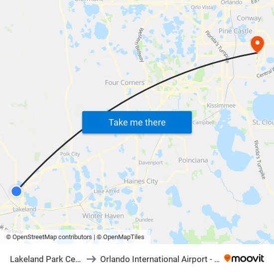 Lakeland Park Center to Orlando International Airport - MCO map