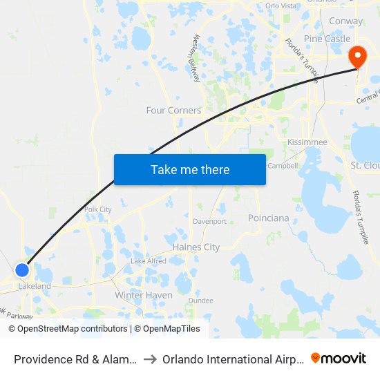 Providence Rd & Alameda Dr N to Orlando International Airport - MCO map