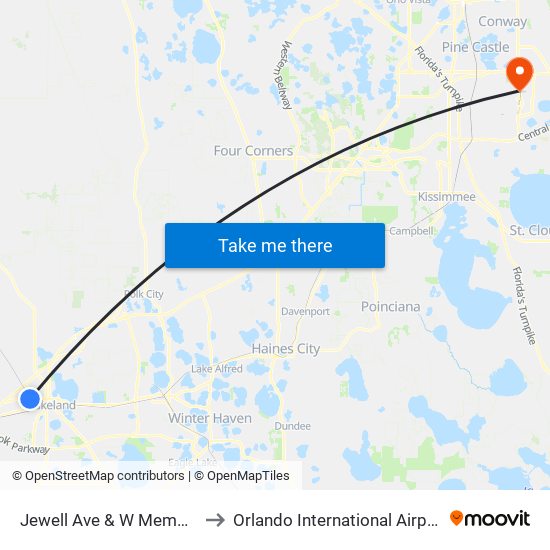 Jewell Ave & W Memorial Blvd to Orlando International Airport - MCO map