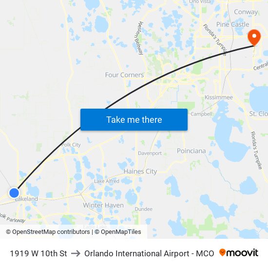 1919 W 10th St to Orlando International Airport - MCO map