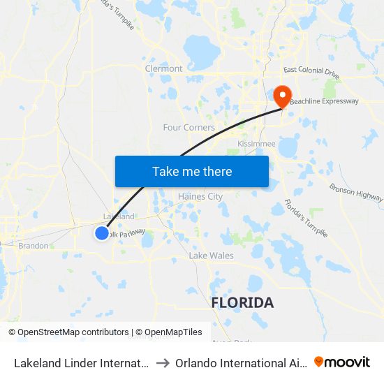 Lakeland Linder International Airport to Orlando International Airport - MCO map