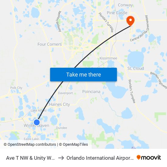 Ave T NW & Unity Way NW to Orlando International Airport - MCO map