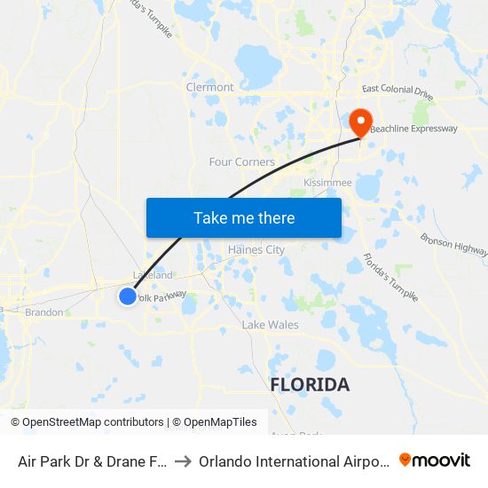 Air Park Dr & Drane Field Rd to Orlando International Airport - MCO map