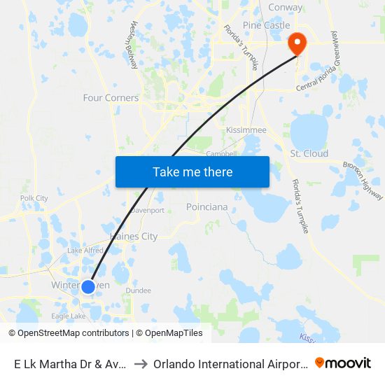 E Lk Martha Dr & Ave F NE to Orlando International Airport - MCO map