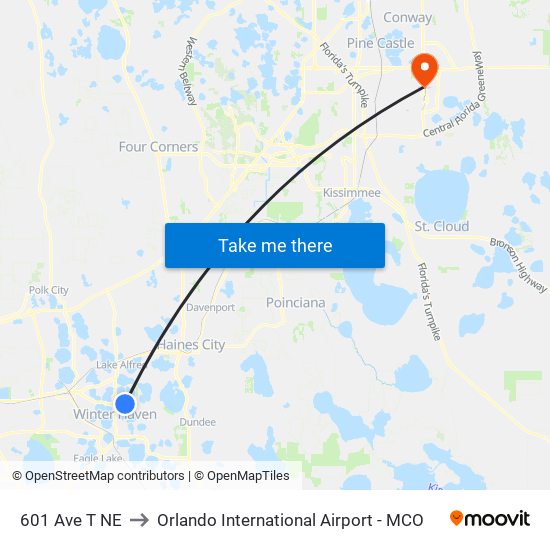 601 Ave T NE to Orlando International Airport - MCO map