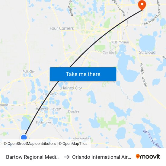 Bartow Regional Medical Center to Orlando International Airport - MCO map