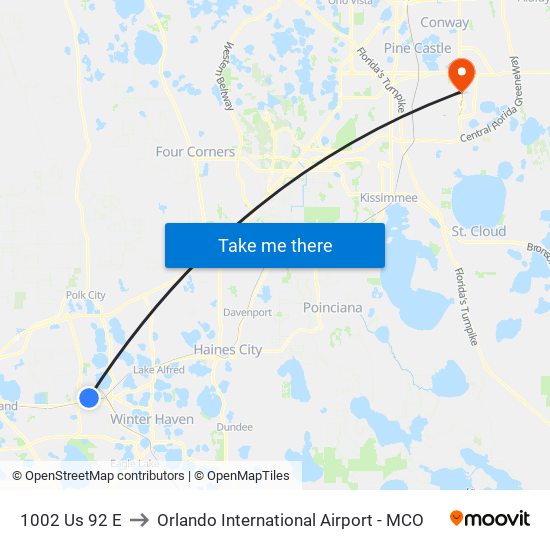 1002 Us 92 E to Orlando International Airport - MCO map