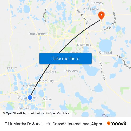 E Lk Martha Dr & Ave K NE to Orlando International Airport - MCO map