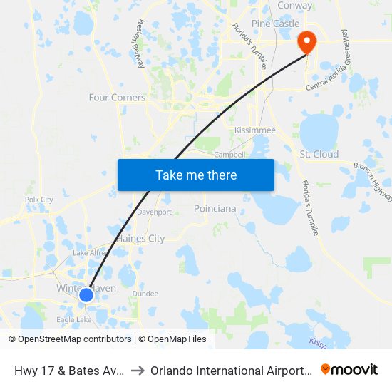 Hwy 17 & Bates Ave SW to Orlando International Airport - MCO map