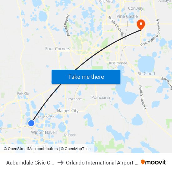 Auburndale Civic Center to Orlando International Airport - MCO map