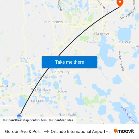 Gordon Ave & Polk St to Orlando International Airport - MCO map