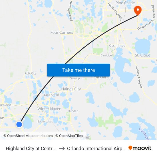 Highland City at Central Ave SE to Orlando International Airport - MCO map