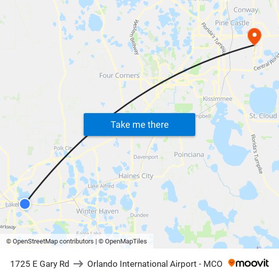 1725 E Gary Rd to Orlando International Airport - MCO map