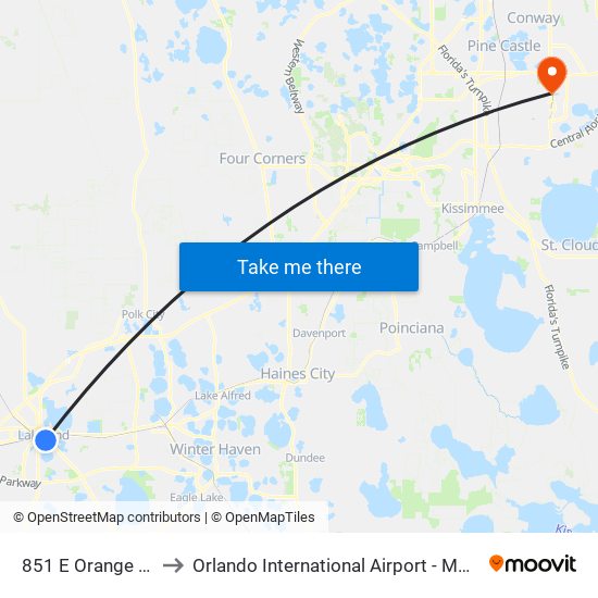 851 E Orange St to Orlando International Airport - MCO map