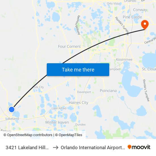 3421 Lakeland Hills Blvd to Orlando International Airport - MCO map
