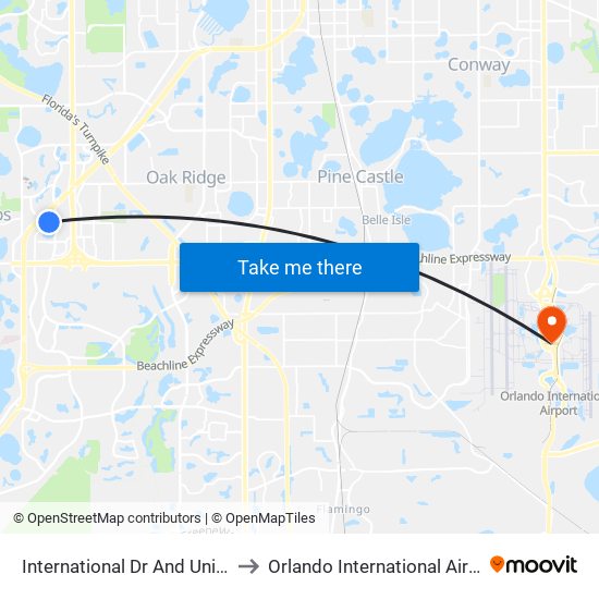 International Dr And Universal Blvd to Orlando International Airport - MCO map