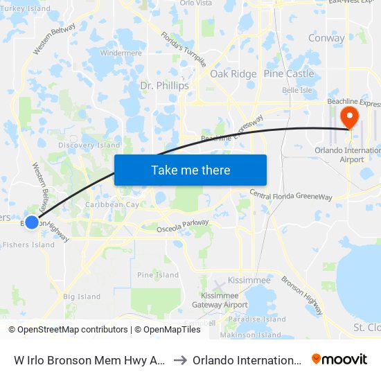 W Irlo Bronson Mem Hwy And Orange Lake Blvd to Orlando International Airport - MCO map