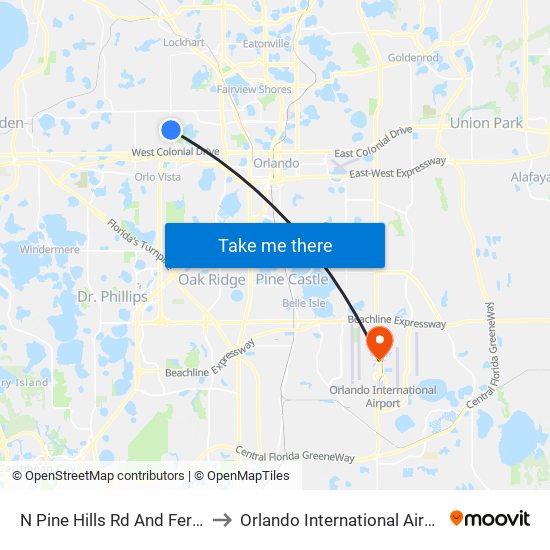 N Pine Hills Rd And Ferdinand Dr to Orlando International Airport - MCO map