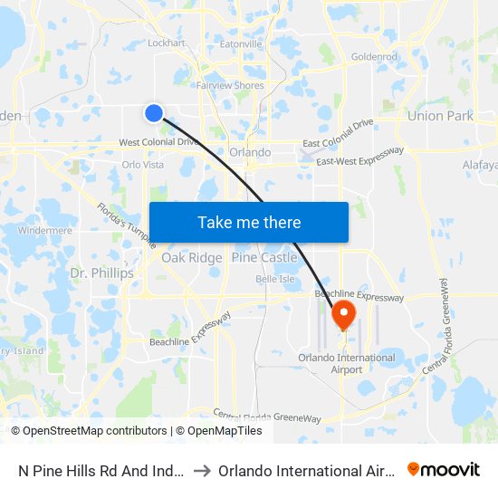 N Pine Hills Rd And Indialantic Dr to Orlando International Airport - MCO map