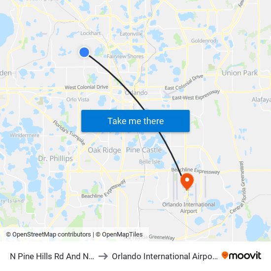 N Pine Hills Rd And North Ln to Orlando International Airport - MCO map