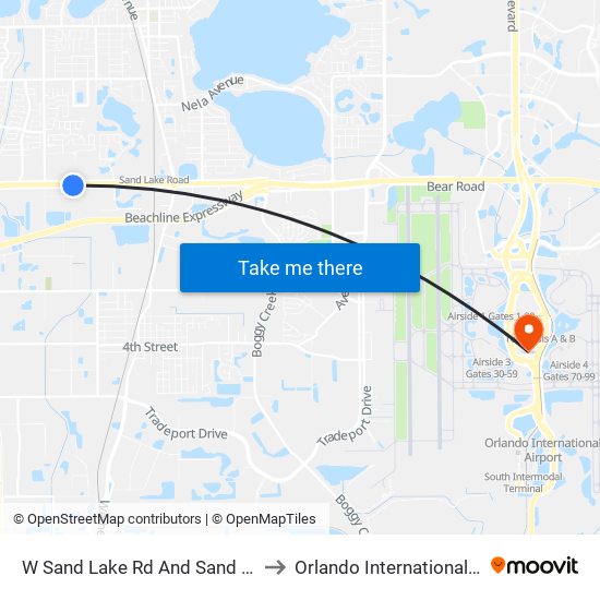 W Sand Lake Rd And Sand Lake Pointe Loop to Orlando International Airport - MCO map