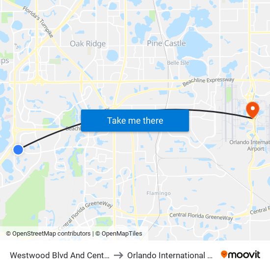 Westwood Blvd And Central Florida Pky to Orlando International Airport - MCO map