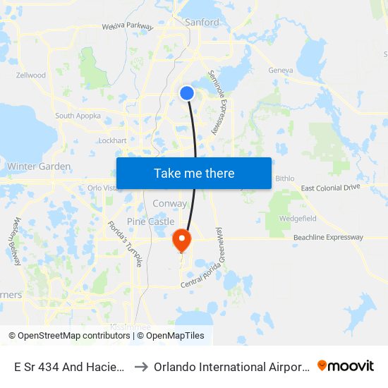 E Sr 434 And Hacienda Dr to Orlando International Airport - MCO map