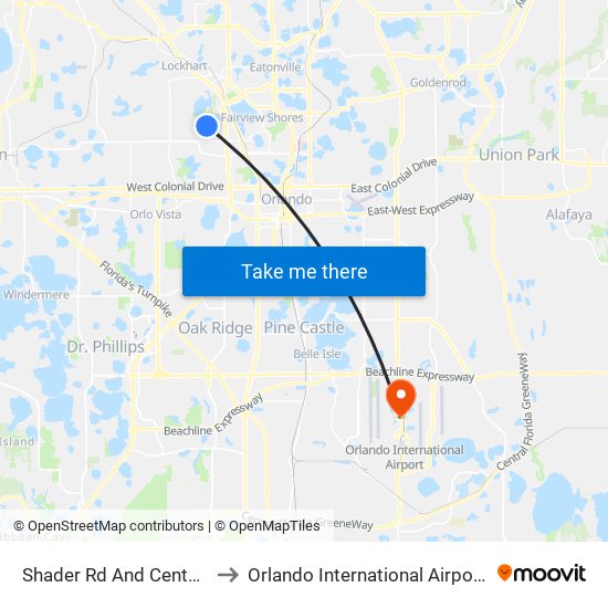 Shader Rd And Center Loop to Orlando International Airport - MCO map