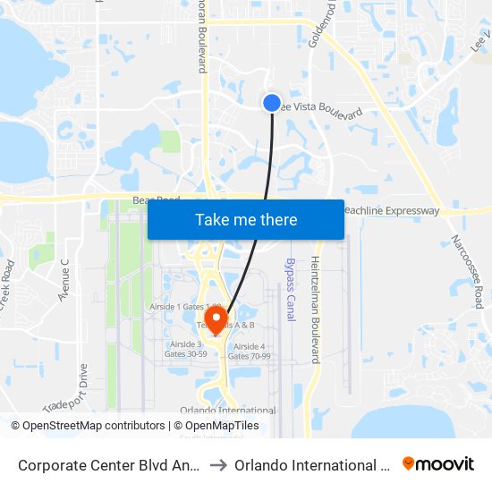 Corporate Center Blvd And Leevista Blvd to Orlando International Airport - MCO map