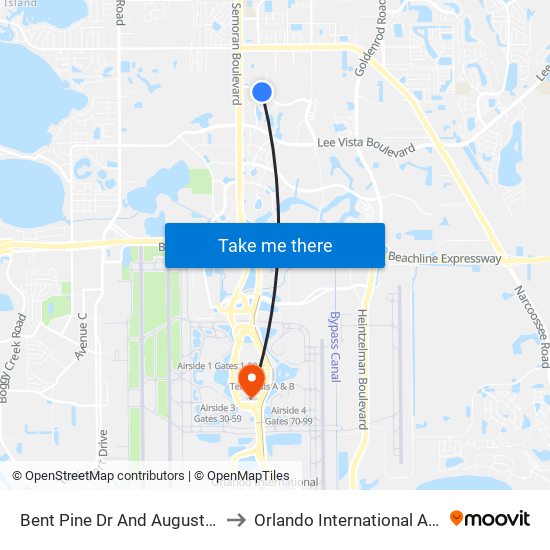 Bent Pine Dr And Augusta National Dr to Orlando International Airport - MCO map