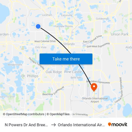 N Powers Dr And Breezewood St to Orlando International Airport - MCO map