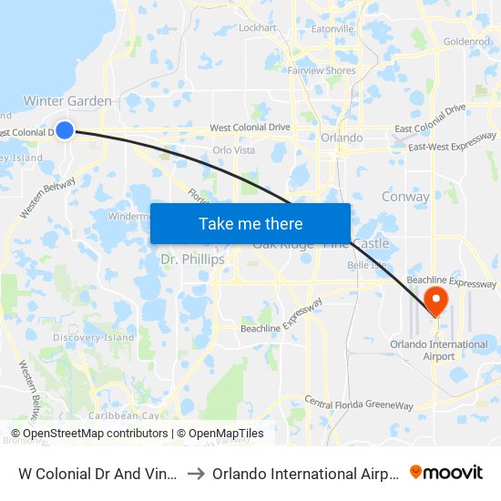 W Colonial Dr And Vineland Rd to Orlando International Airport - MCO map