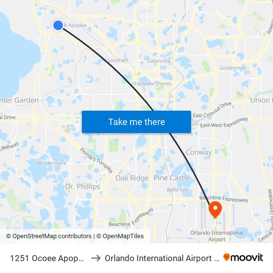 1251 Ocoee Apopka Rd to Orlando International Airport - MCO map