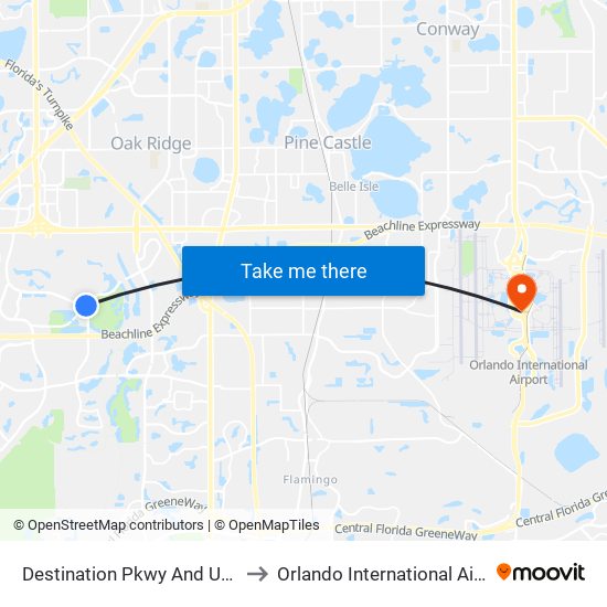 Destination Pkwy And Universal Blvd to Orlando International Airport - MCO map