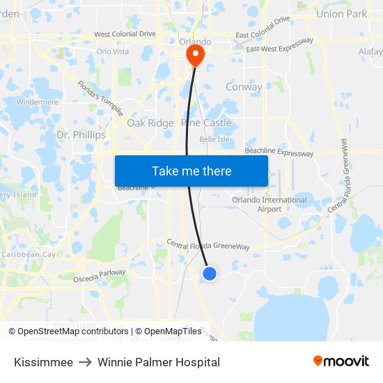 Kissimmee to Winnie Palmer Hospital map