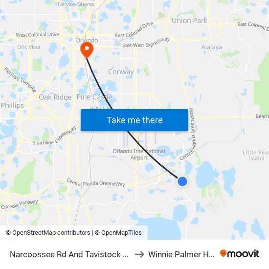 Narcoossee Rd And Tavistock Lakes Blvd to Winnie Palmer Hospital map