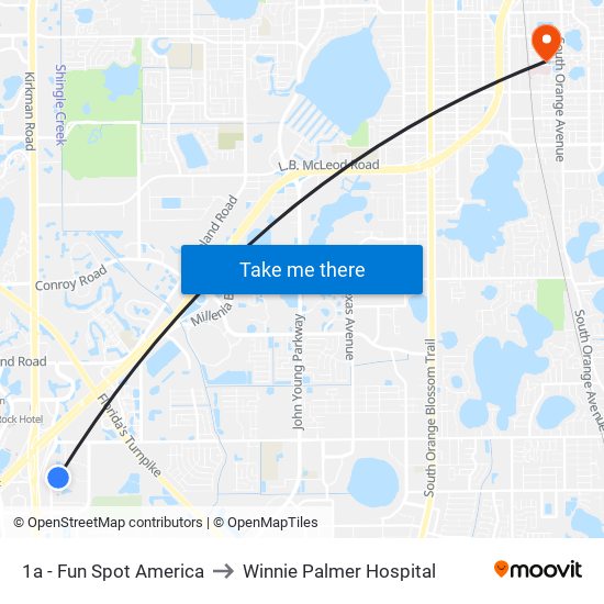 1a - Fun Spot America to Winnie Palmer Hospital map