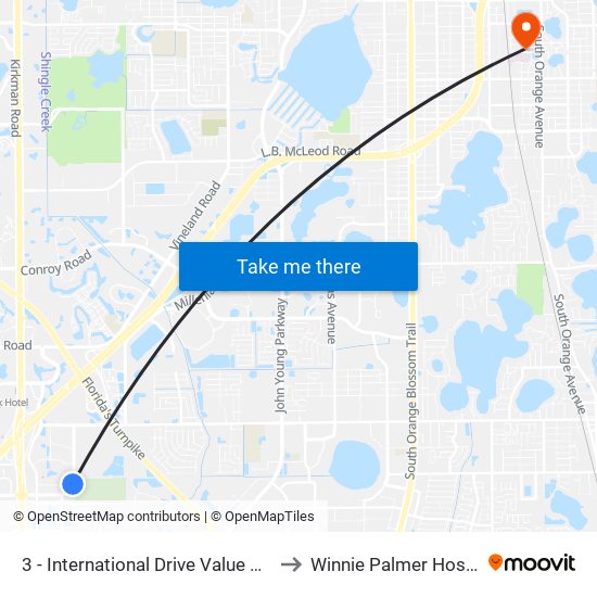 3 - International Drive Value Center to Winnie Palmer Hospital map
