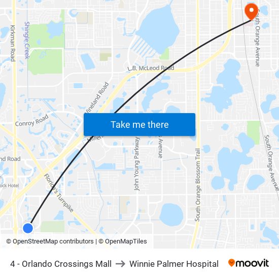 4 - Orlando Crossings Mall to Winnie Palmer Hospital map