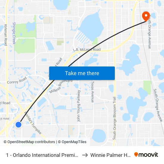 1 - Orlando International Premium Outlets to Winnie Palmer Hospital map