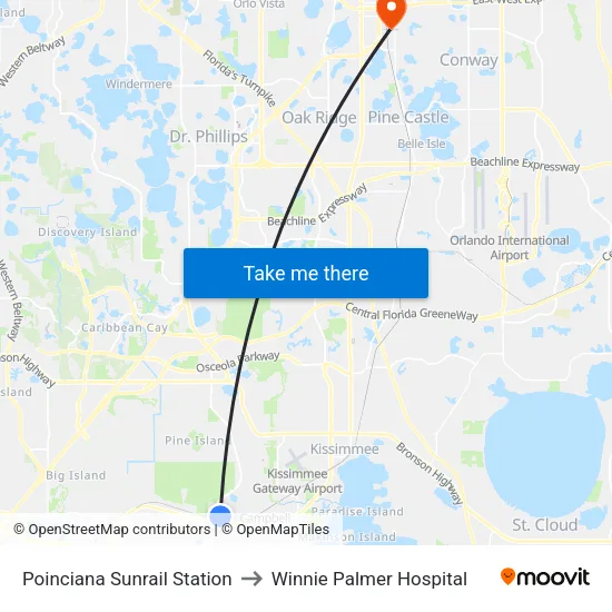 Poinciana Sunrail Station to Winnie Palmer Hospital map
