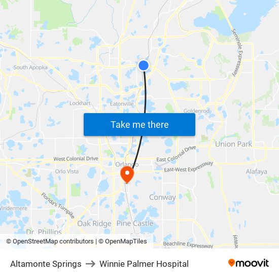 Altamonte Springs to Winnie Palmer Hospital map