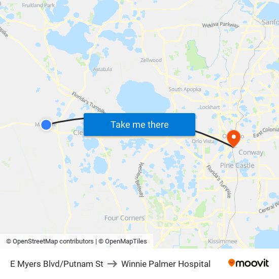 E Myers Blvd/Putnam St to Winnie Palmer Hospital map